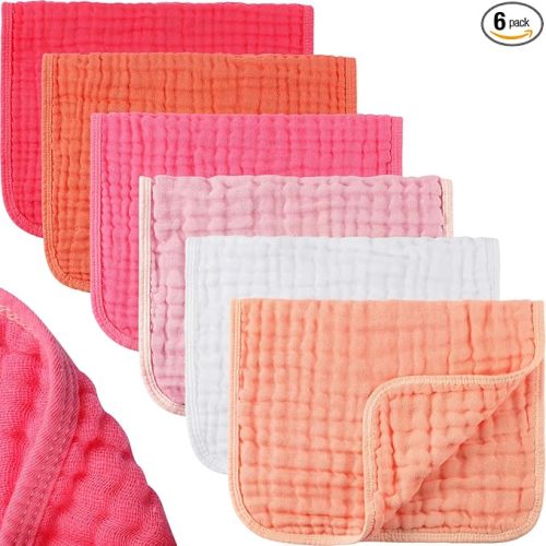 Hicarer 6 Pcs Girl Muslin Burp Cloths Cotton Burping Spit Rags Large 20 x 10 Inch 6 Layers Newborn Soft Absorbent Multicolor Wash Cloths Diapers for Baby Shower(Pink Series)