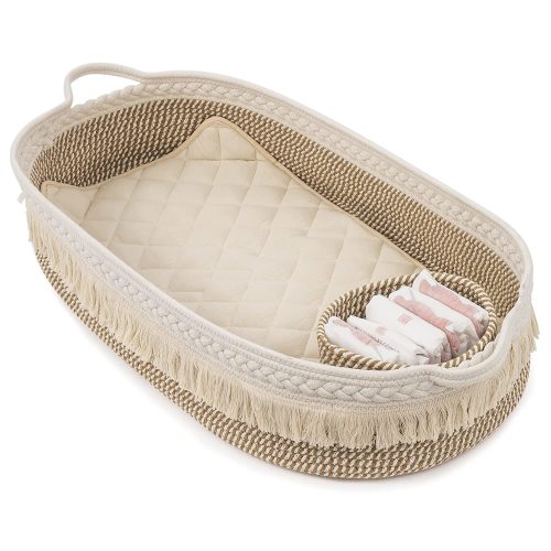 Rolife Cotton Baby Changing Basket with Diaper Changing Foam Pad & Storage Woven Bin,Boho Style Baby Shower Gift Stuff (with Tassel)
