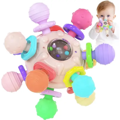 Cerberus Silicone Baby Teether, Montessori Sensory Toys, 0-12 Months, Pink & Multicolor, Teething Toys for Babies