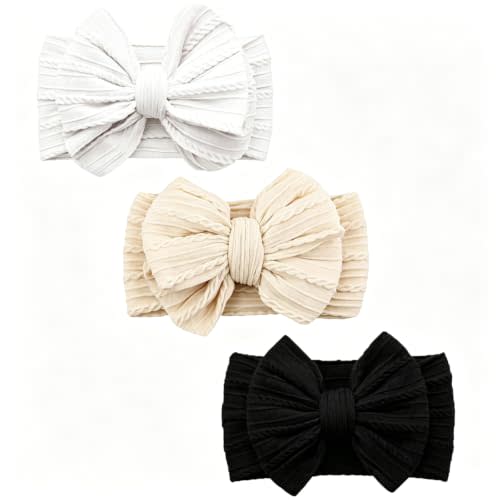 Baby Bows Headbands Soft Nylon Handmade Hair Accessories for Newborn Infant Toddler Kids (3 Mixed White, Large)