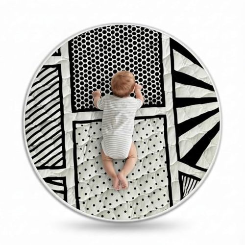 Byrd & Blume Reversible Round Baby Play Mat – Black & White Print/Solid Gray