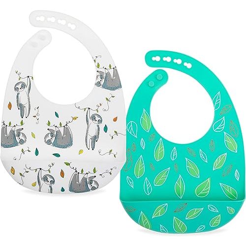 Nuby 2 Pack Adjustable Easy Clean Soft Silicone Bibs with Scoop, Leaves & Sloth