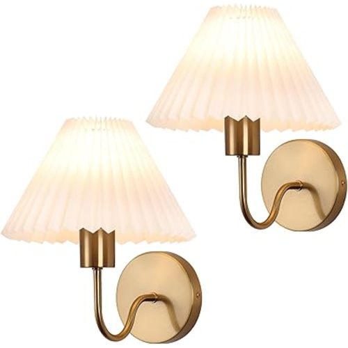 Brushed Gold Wall Sconces Sets of 2, White Pleated Fabric lampshade, Indoor Gooseneck Wall Lamp Lighting, Bathroom Dresser Hardwired sconces wall decor Fixture for Living Room Bedroom Dining Room