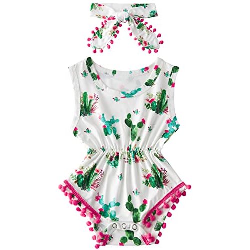 Baby Girl Clothes 0-24 Months Floral Sleeveless Baby Cowgirl Newborn Romper Jumpsuit Outfit Set with Headband