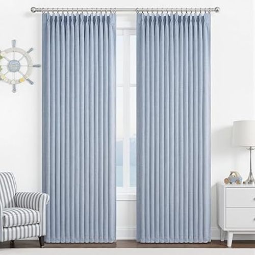Light Blue Pinch Pleated Two Layer Thick Linen Curtains 90 Inches Long for Dining Room, Memory Trained Blackout Sky-Blue Noise Cancelling Energy Efficient Modern Windows Drapes with Hooks 2 Panels Set