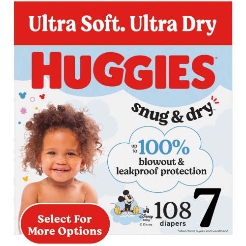 Huggies Snug & Dry Baby Diapers, Size 7, Leak Protection, 108 Count