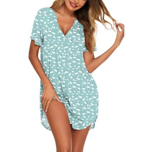 Ekouaer Nightgowns for Women Button Down Night Gowns Short Sleeve Sleep Shirt V Neck Nightshirt Soft Sleepwear Pajams Dress