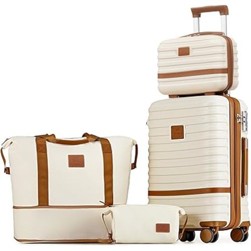 Joyway Carry On Luggage 20 Inch Expandable Suitcase with Spinner Wheel, 4 Piece Hard Shell Luggage Set with TSA Lock(White brown)