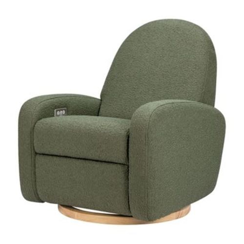 Babyletto Nami Electronic Recliner and Swivel Glider Recliner with USB port - Olive Boucle with Light Wood Base