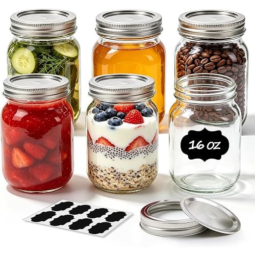 ComSaf Regular Mouth Mason Jars 16 oz with Lids, 6 Pack Canning Jars