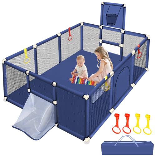 Large Playpen for Babies and Toddlers, 74''×50'' Kids Ball Pit, Sturdy Play Yard with Basketball Hoop & Soccer Nets, Children's Fence Play Area with Breathable Mesh, Indoor Outdoor Infant Safety Gate