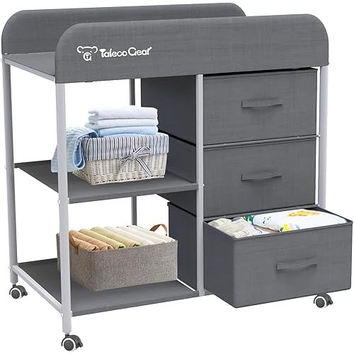 Baby Changing Table, Portable Changing Table, Diaper Changing Station with Waterproof Pad, Changing Table Dresser with 3 Storage Baskets, Mobile Nursery Organizer for Newborn Essentials