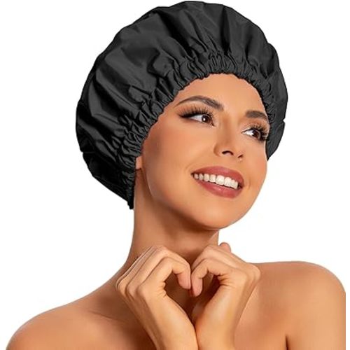 Reusable Shower Cap for Women, Large Waterproof Shower Bonnet Washable Elastic Band Bath Accessories Hair Hat for Long Hair, Braids(Black)