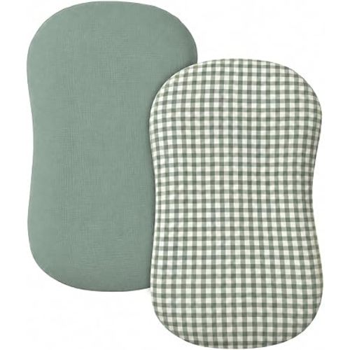 guruixu Muslin Baby Lounger Cover 2 Pack, 100% Cotton Infant Lounger Cover, Soft & Breathable Replacement Slipcover, Compatible with Snuggle Me Newborn Lounger (Sage Green & Gingham)