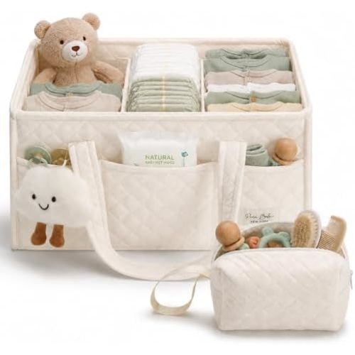 Baby Diaper Caddy Organizer, Baby Basket Shower Gift, Portable Changing Table Basket, Postpartum Caddy & Tote Bag Pouch, Newborn Boy & Girl Nursery Essentials Registry, Car Diaper Organizer
