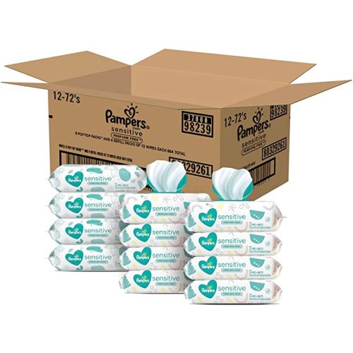 Baby Wipes, Pampers Sensitive Water Based Baby Diaper Wipes, Hypoallergenic and Unscented, 8 Pop-Top Packs with 4 Refill Packs for Dispenser Tub, 864 Total Wipes (Packaging May Vary)