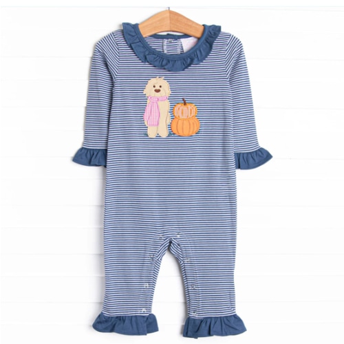 Autumn Fest Friend Applique Ruffle Romper, Navy – Stitchy Fish