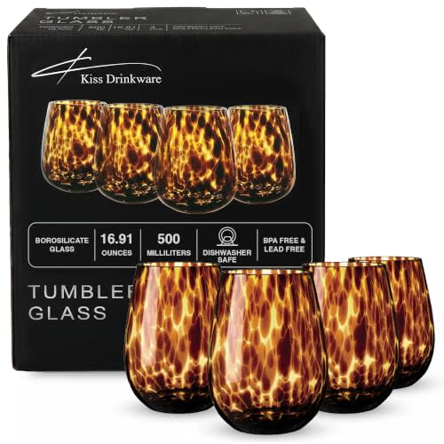 Joseph Sedgh Collection Tortoise Shell Stemless Wine & Water Glass Set of 4 16.91 oz Borosilicate Tumblers Durable, Lead-Free, Dishwasher Safe Gift Box Packaged