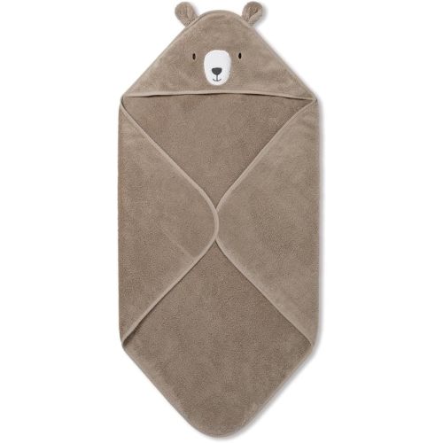 MORI Baby Hooded Bath Towel with Bear Design in Taupe - Unisex Soft Cotton Wrap Cloth for Infants and Newborns - 30 x 30”