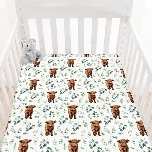 HawSkgFub Highland Cow Eucalyptus Leaf Fitted Standard Crib Sheet for Baby Boy Girl, Neutral Western Farm Animal Yak Toddler Mattress Cover, Soft Stretchy Nursery Bed Sheets Decor Kids Gift 52" x 28"