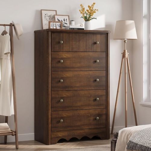 Fluted 5 Dresser for Bedroom, Modern 46in Tall 5 Chest of Drawers with Elegant Wave Edge, Wooden Closet Orgainzer for Living Room Nursery, Walnut