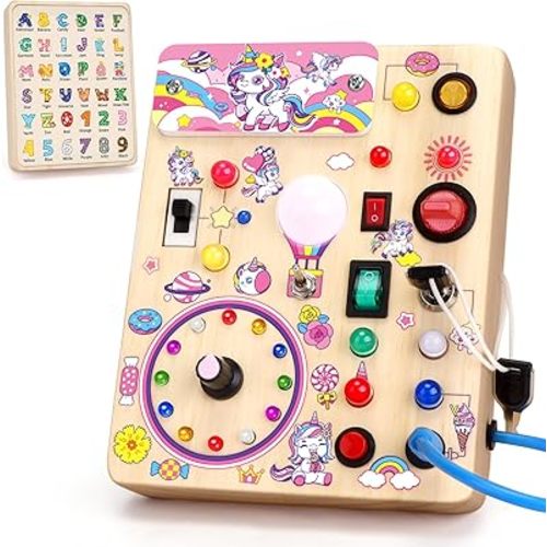Busy Board for Toddlers - Montessori Educational Toy for 1-3 Year Old Boys & Girls | Travel-Friendly Sensory Learning Activity | Ideal for Kids with Autism(Unicorn Busy Board)