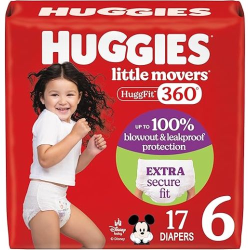 Huggies Size 6 Baby Diapers, Little Movers HuggFit 360° Baby Diapers with 360° Waistband, Size 6 (35+ lbs), 17 Count, Packaging May Vary