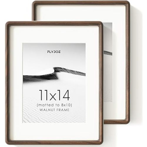 FLYJOE 11x14 Picture Frame Set of 2, Natural Solid Walnut Wood Photo Frame with Tempered Glass, Handcrafted Rounded Corner 11 x 14 Frame Matted to 8x10 Photo, Horizontal or Vertical Wall Mounting