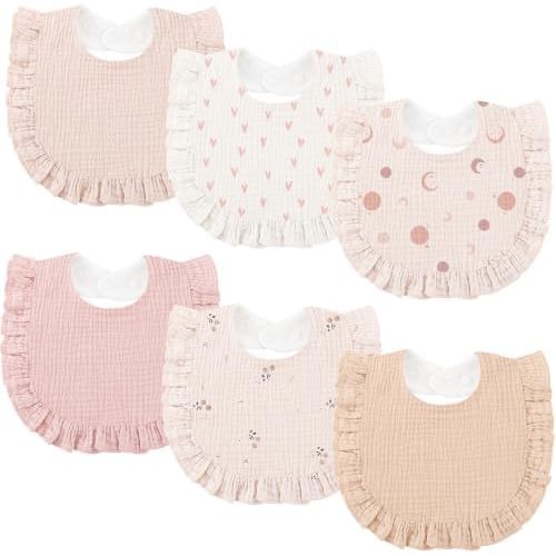 Bearmoss 6 Pack Baby Girl Bibs for Newborn, Muslin Bibs with Ruffle Trim
