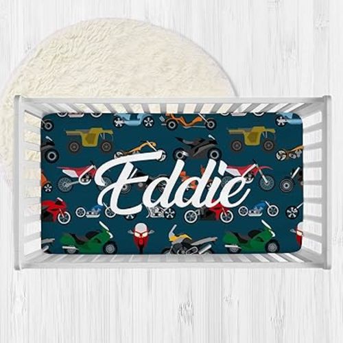 Personalized Motocross Baby Crib Sheets with Name, Custom Dirt Bike Fitted Crib Bedding Sheets for Baby Boys, Motorcycle Mini Crib Sheet, Crib Mattress Sheets, Name Crib Sheets, Pack and Play Sheets