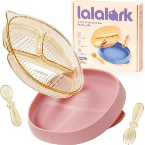 lalalark 4 PCS Toddler Plates with Suction Base Spoons & Fork Baby Divided Dishes for 0 1 2 3 Years Old PPSU & Food Grade Silicone BPA Free Rose Clay