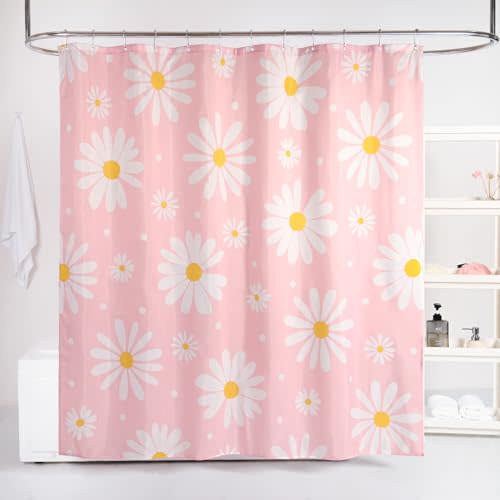 QJHOMO Pink Flower Shower Curtain, Girly Daisy Bathroom Decor, 72 x 72 in | Modern Floral Print Cute Bathroom Curtain, Waterproof Fabric, Machine Washable, Rustproof Grommets, 12 Hooks Included