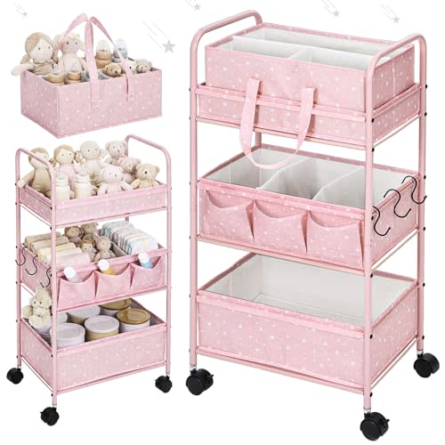Yookeer 2in1 Baby Diaper Caddy Organizer Cart 3 Tier Large Capacity Metal Utility Bedside Rolling Cart with Divider Newborn Registry Gift Nursery Essential Must Have Bedroom Baby Shower(Pink,Star)