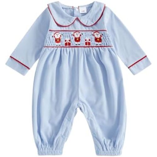 Newborn Baby Boy Girl Christmas Outfit Santa Smocked Romper Peter Pan Collar Long Sleeve Corduroy Jumpsuit Clothes