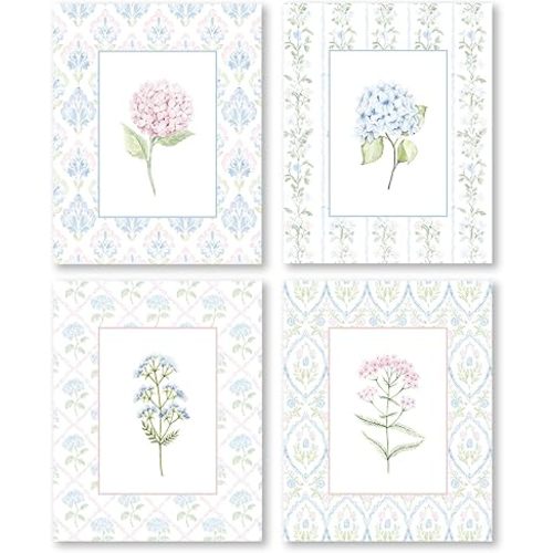 Pleonox Cottagecore Floral Girl Nursery Wall Art Prints 8x10 Inch Set of 4, Pastel Wildflower Hydrangea Pictures Wall Decor for Baby Girl Nursery Room Bedroom Dorm Apartment, Unframed