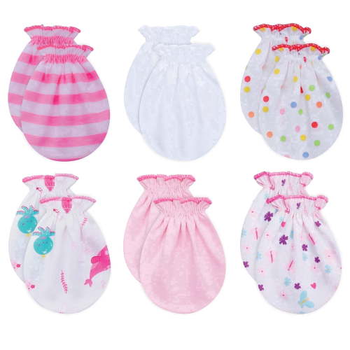 RATIVE Organic Cotton No-Scratch Baby Mittens for Newborn Girls, 0-6 Months, 6 Pairs, g46
