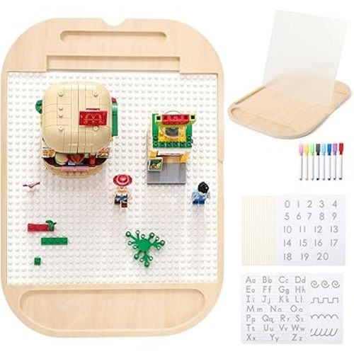 Sensory Table Inserts Multi-Activity Boards, Classic Baseplate for Building Bricks, Clear Acrylic Writing & Drawing Panel with 3 Double-Sided Sheets, 8 Markers