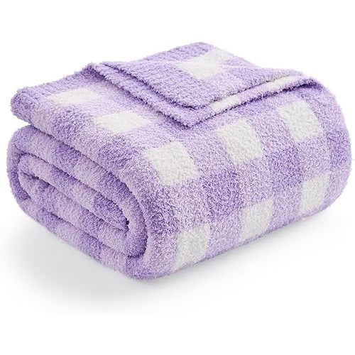 Snuggle Sac Checkered Throw Blanket for Couch, Super Soft Cozy Warm Knit Netural Decorative Fluffy Blankets, Reversible Buffalo Plaid Microfiber Throws for Sofa Bed, Plaid Purple, 50x60 Inches