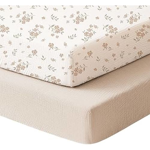 Konssy Muslin Mini Crib Sheets, 100% Soft Cotton Pack and Play Sheets for Pack N Play Mattress, Playard Baby Crib Sheets for Baby Girls(Blossom, Cream)