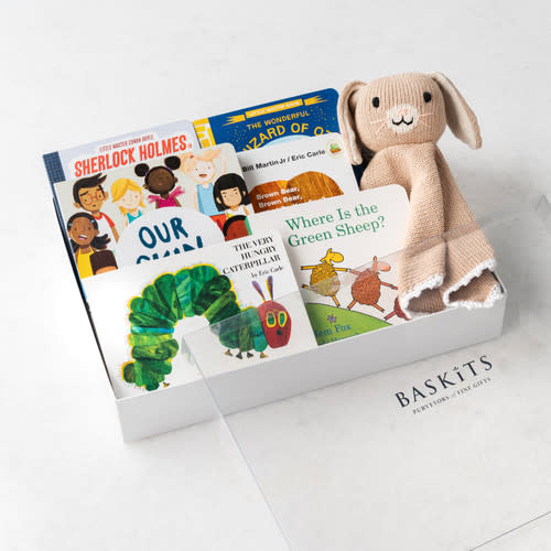 Plush Toy & Stories: My First Library Baby Gift Box | Handknit Bunny Lovie, Sherlock Holmes, The Jungle Book