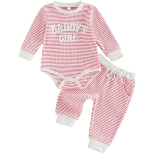 Daddy’s Girl Baby Outfits Newborn Girl Clothes Fall Winter Waffle Knit Stripe Long Sleeve Romper Top Pants Set