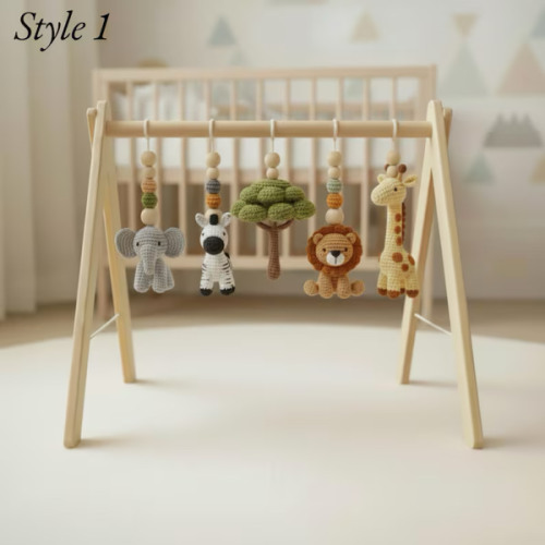 Safari Baby Gym Wooden Play Gym with Crochet Elephant Zebra Lion Giraffe | Montessori Baby Activity Gym | Jungle Nursery Decor | Baby Gift