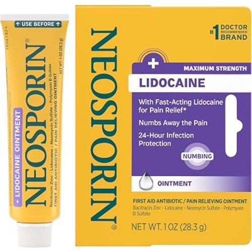 Neosporin + Lidocaine First Aid Triple Antibiotic Ointment, Fast-Acting, Maximum Strength Topical Pain Relief, 24-Hour Infection Protection that Numbs Away the Pain for Minor Wound Care, 1 oz