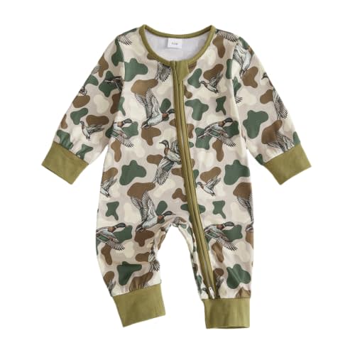 Baby Boy Hunting Clothes Mallard Duck Romper Zipper Jumpsuit Fall | Baby Boy Hunting Jumpsuit,Deer/Duck Onesie,Long Sleeve Zip Up Romper,One Piece Duck Outfit,Infant Fall Clothes