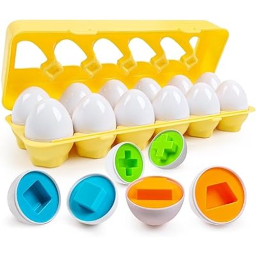 Egg Toys for Toddlers 1-3,Montessori Geometric Eggs Early Fine Motor Skills Learning Color Shape Sorting Matching Game Easter Basket Stuffers for Kids Boys Girls