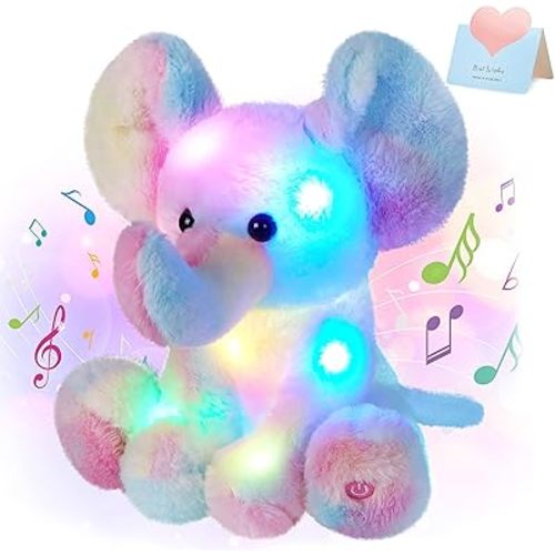 Glow Guards 12'' Musical Light up Rainbow Elephant Stuffed Animal,LED Singing Soft Wildlife Animal Plush Toy with Night Lights&Lullaby,Birthday Children's Day Hoilday Gift for Toddler Kids