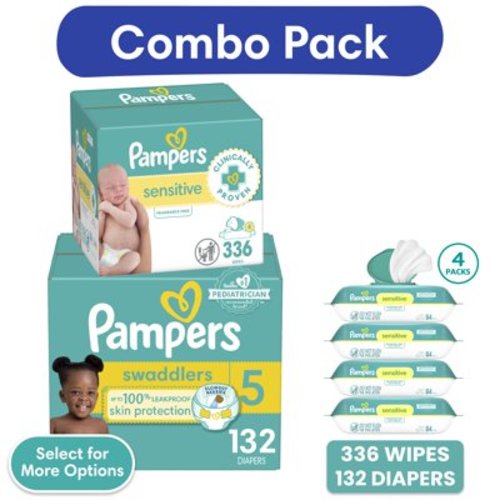 Pampers Swaddlers Diapers, Size 5, 132 Count and Pampers Sensitive Baby Wipes Unscented, 4 Pack, 336 Total Count