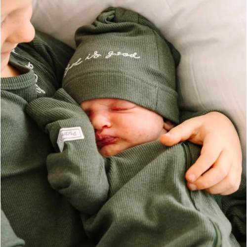 “God is good” hat - Solid Olive Knotted Hat Ribbed Cotton-Bamboo Blend