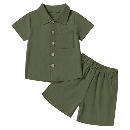 Neutocd Toddler Baby Boy Summer Clothes Cotton Linen Short Sleeve Solid Button Down Shirt Shorts Set Outfits with Pockets