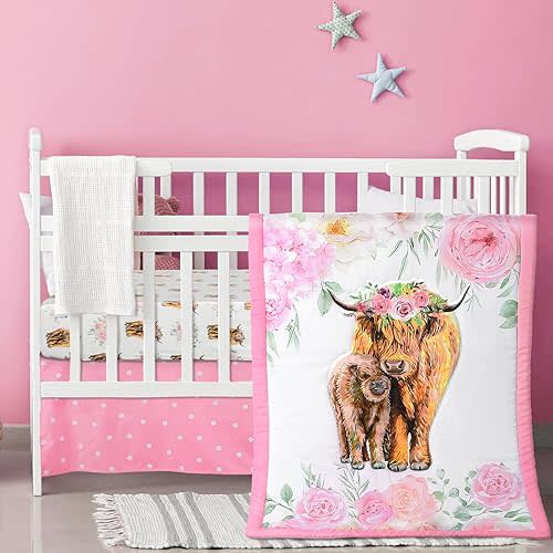 3 Piece Highland Cow Baby Crib Bedding Set for Baby Girls Pink Floral Nursery Crib Sets Includes Quilt,Fitted Crib Sheet, Crib Skirt for Newborns Baby Boy Girl